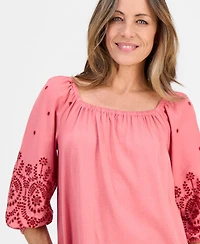 Style & Co Petite Square-Neck Embroidered 3/4-Sleeve Blouse, Macy's Exclusive
