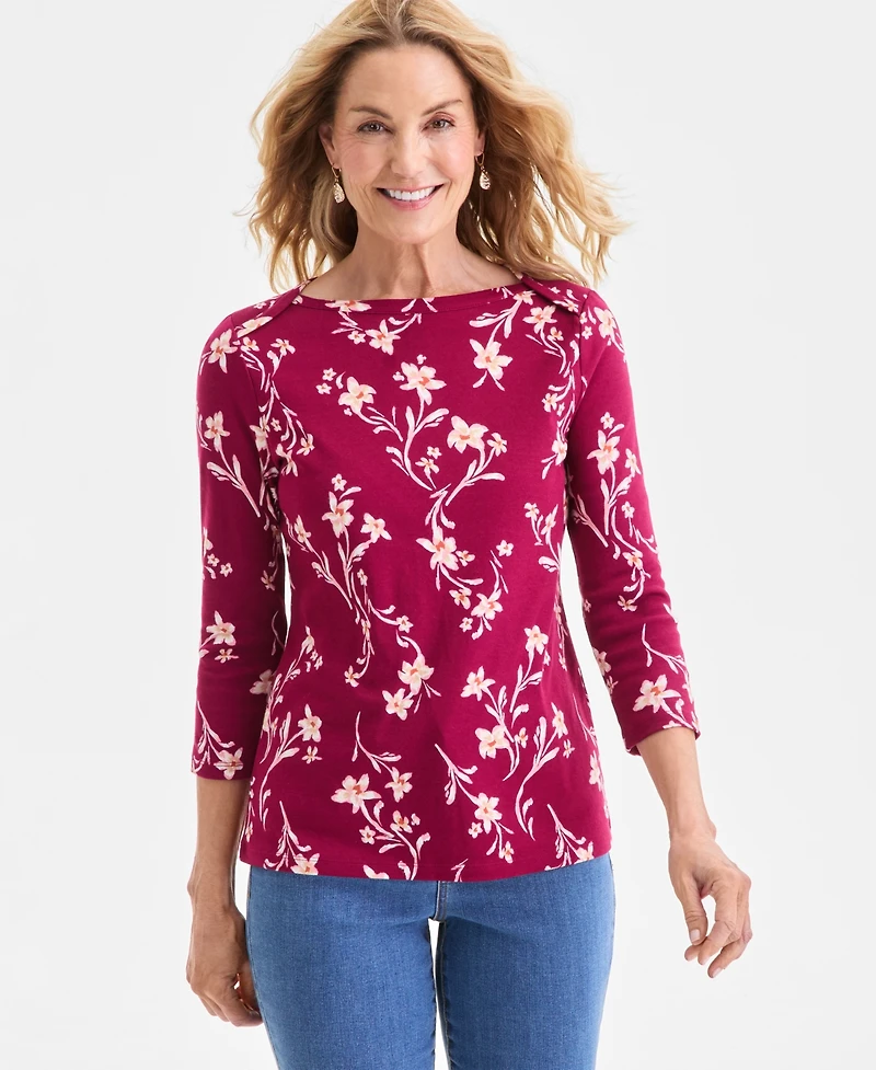 Style & Co Petite Pima Floral Sketch Boat Neck Top, Macy's Exclusive