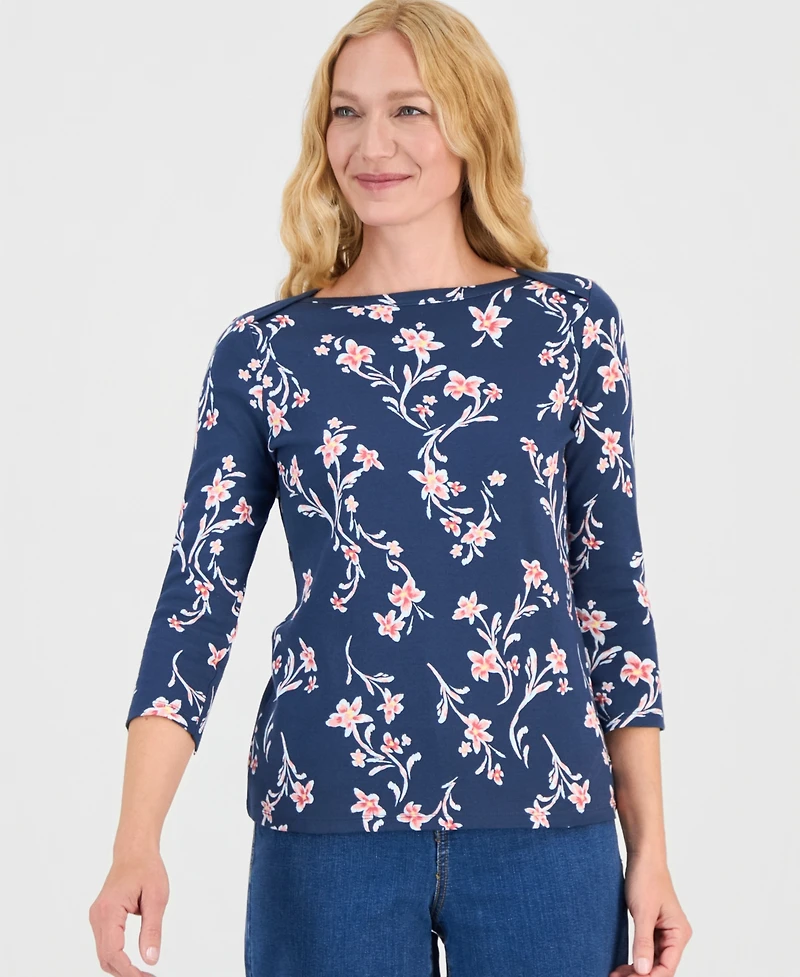 Style & Co Petite Pima Floral Sketch Boat Neck Top, Macy's Exclusive