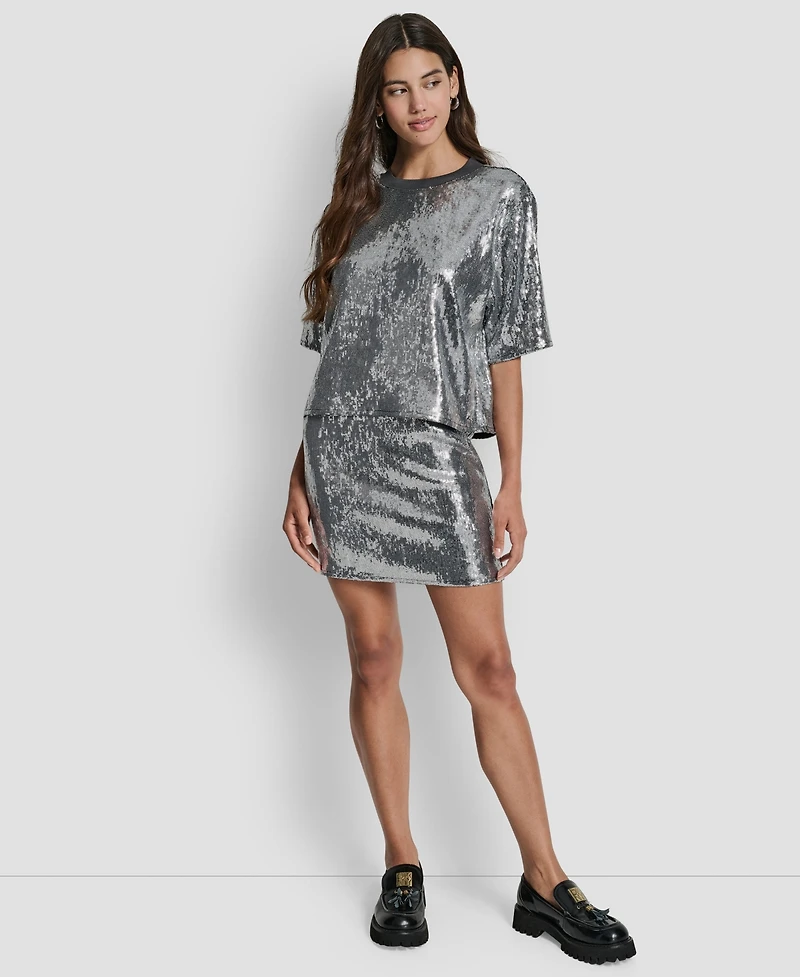 Dkny Jeans Women's Sequins Crewneck Boxy Short-Sleeve Relaxed T-Shirt