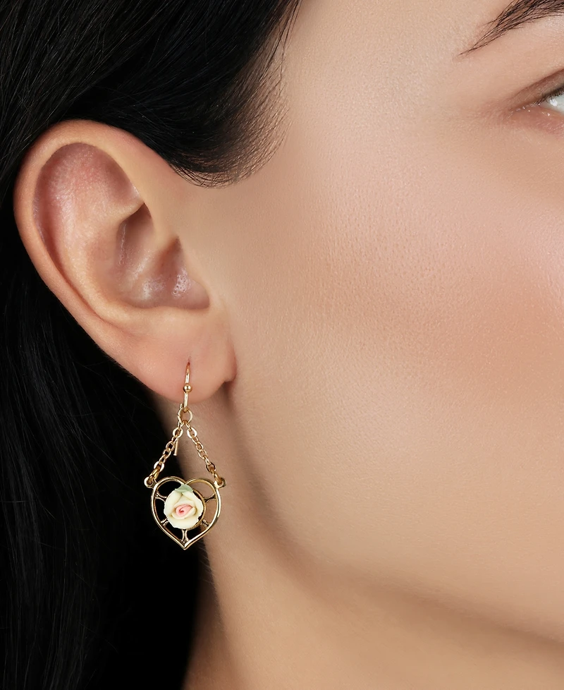 2028 Gold Tone Heart Porcelain Rose Earrings