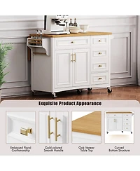 Casainc 52" Rolling Kitchen Island with Drop Leaf, Spice Rack, Towel Rack, 2 Doors, 5 Drawers, Adjustable Shelf (No Stools)