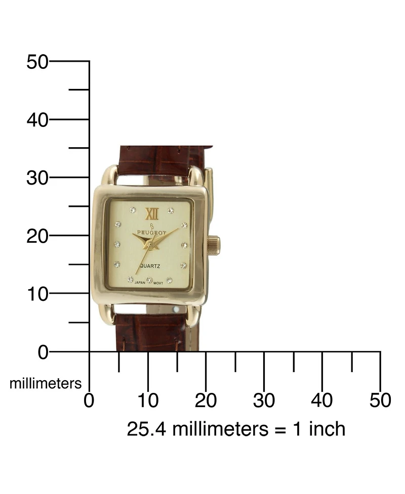 Peugeot Women's 20mm Square Watch with Glossy Brown Leather Strap
