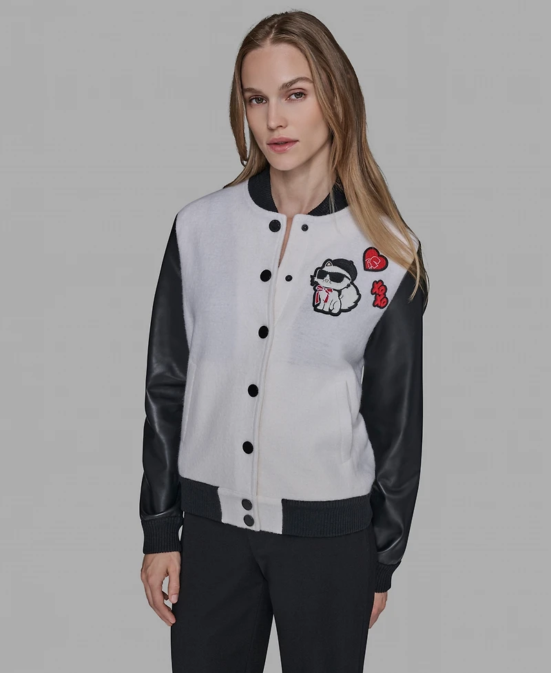 Karl Lagerfeld Paris Women's Choupette Knit Bomber Crewneck Jacket
