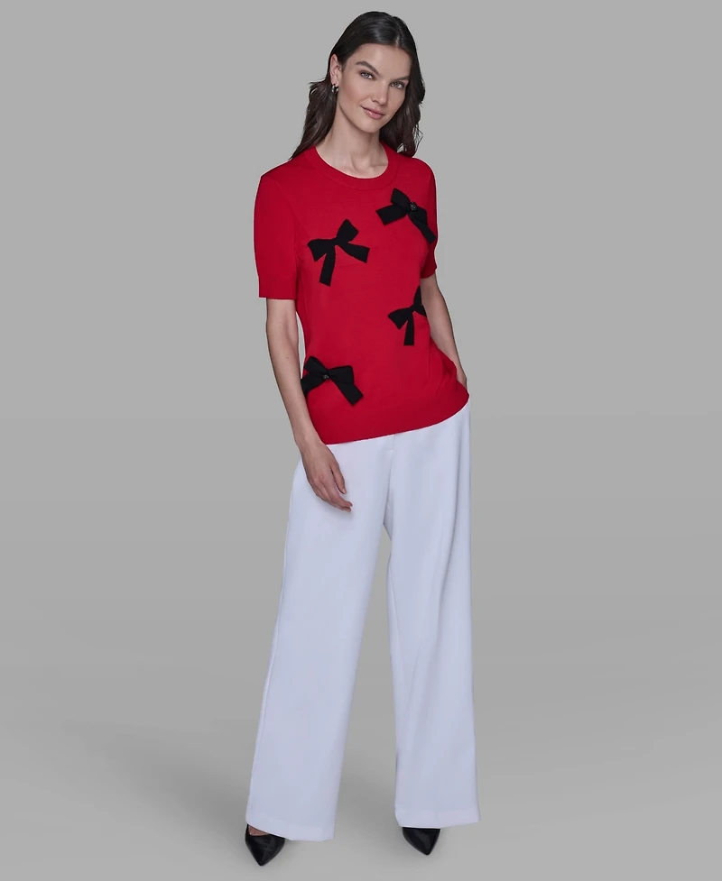 Karl Lagerfeld Paris Women's Short Sleeve Bow Applique Detail Sweater