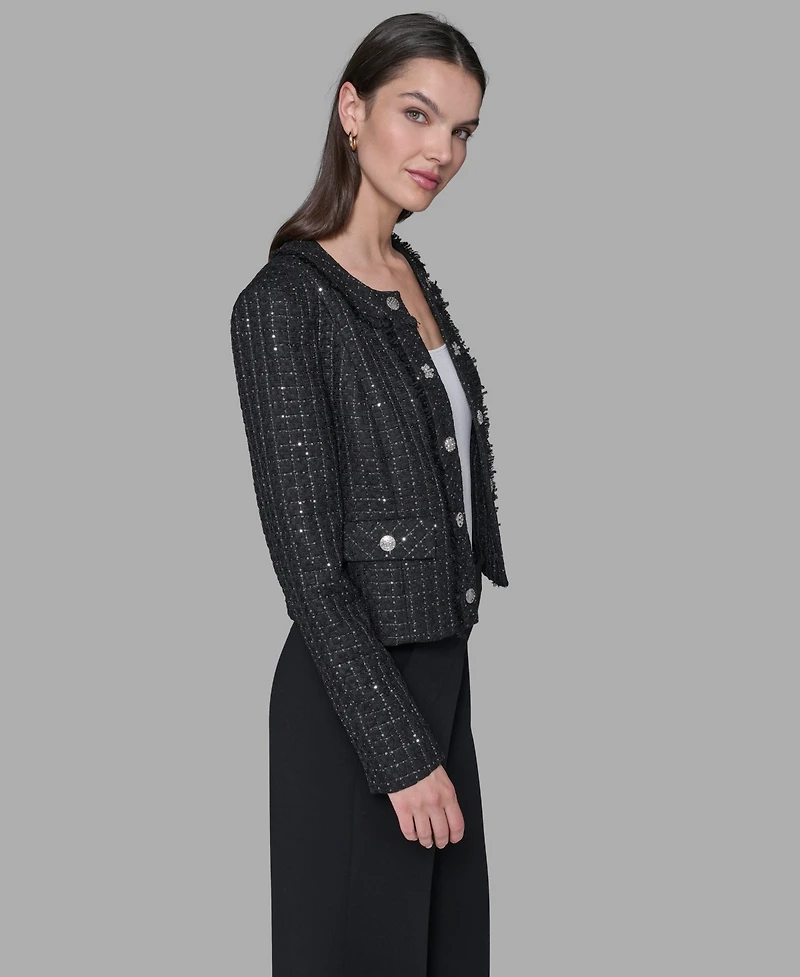 Karl Lagerfeld Paris Women's Cropped Collarless Tweed Jacket
