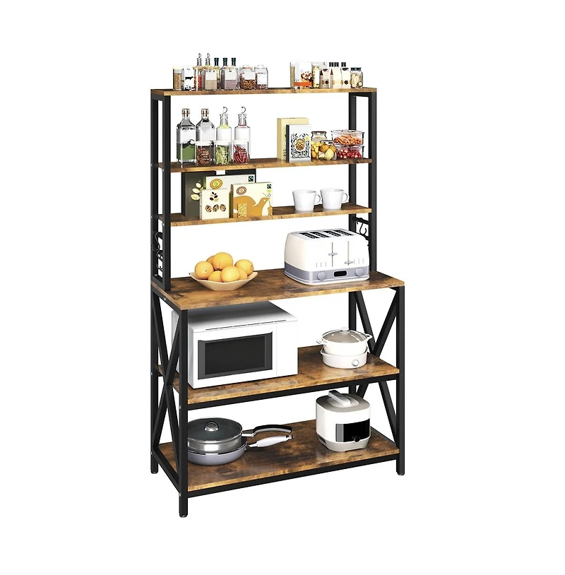 Yaheetech 64.5"H 6-Tier Metal & Particleboard Wine Rack, 10 Hooks, Power Outlets, Adjustable Feet Rustic Baker s Rack