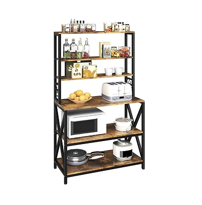 Yaheetech 64.5"H 6-Tier Metal & Particleboard Wine Rack, 10 Hooks, Power Outlets, Adjustable Feet Rustic Baker s Rack