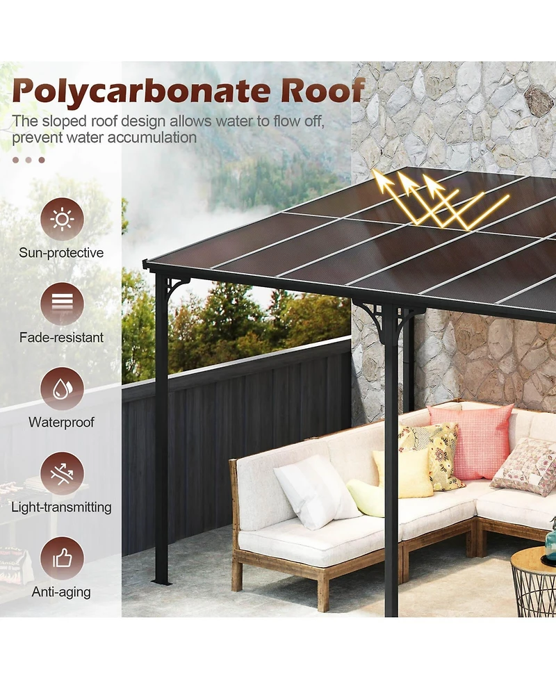 Costway 10' X 13' Wall-Mounted Patio Gazebo with Sloped Polycarbonate Roof Metal Frame