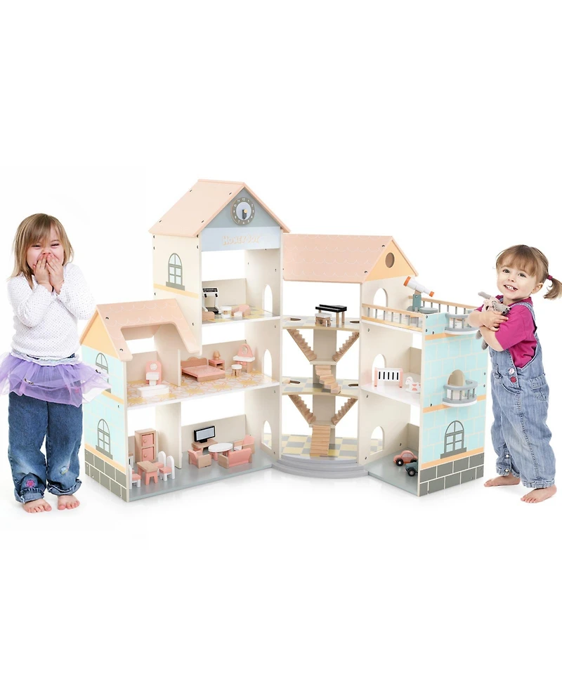 Mecale Wooden Corner Dollhouse Playset with 41 Pieces of Accessories for Kids Ages 3 and Up
