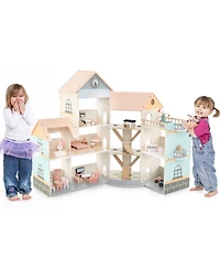Mecale Wooden Corner Dollhouse Playset with 41 Pieces of Accessories for Kids Ages 3 and Up