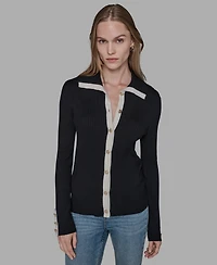 Karl Lagerfeld Paris Women's Open Collar Button Down Sweater