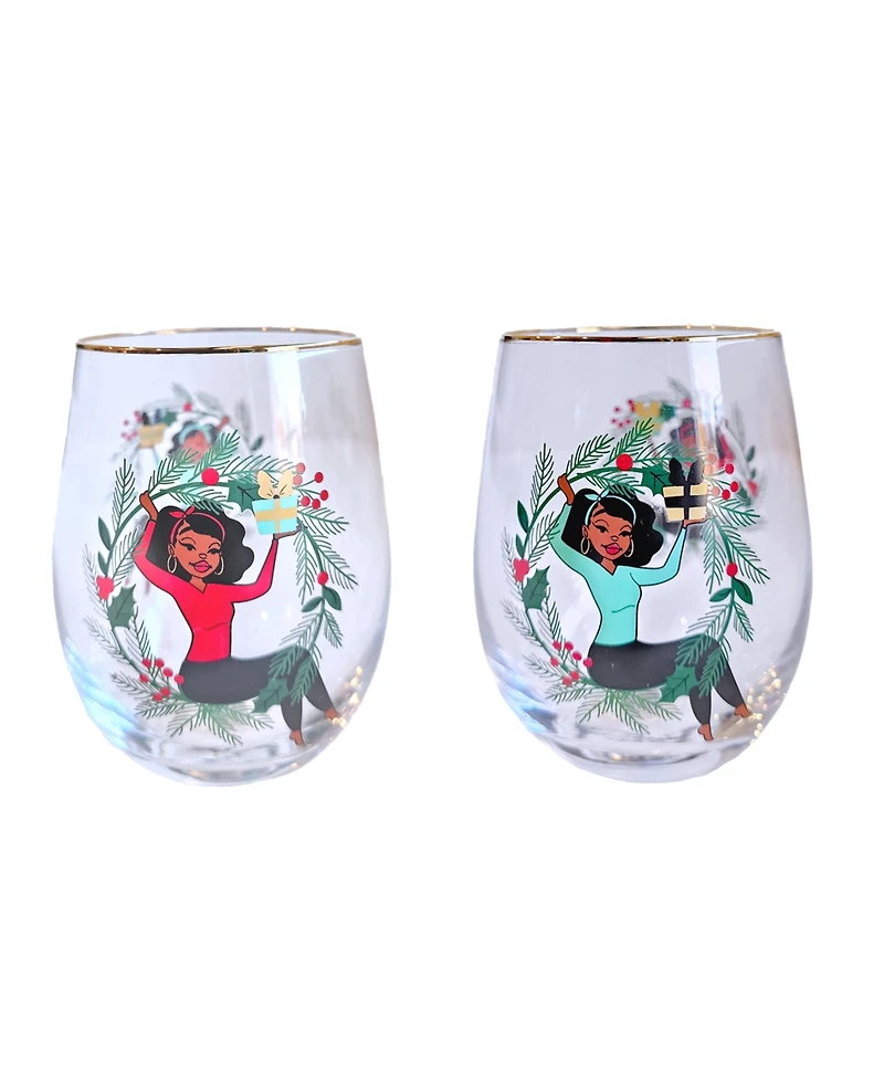 Black Paper Party Shark Tank Holiday Holly Stemless Wine Glasses, Set of 2