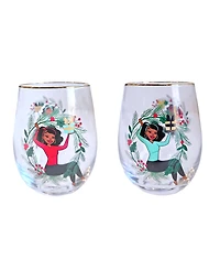 Black Paper Party Shark Tank Holiday Holly Stemless Wine Glasses, Set of 2