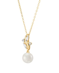 Macy's 2-Pc. Cultured Freshwater Pearl (7-8mm) and White Cubic Zirconia Drop Earrings and Pendant Necklace Set in 14k Yellow Gold Over Sterling Silver