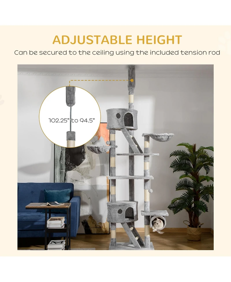 PawHut Floor to Ceiling Cat Tree, 94.5"-102.5" Adjustable Height Cat Tower