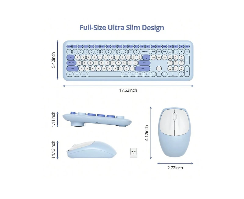 Risokeys Retro Typewriter Wireless Keyboard And Mouse Set - Full-Size Slim Design, Low-Noise - Blue