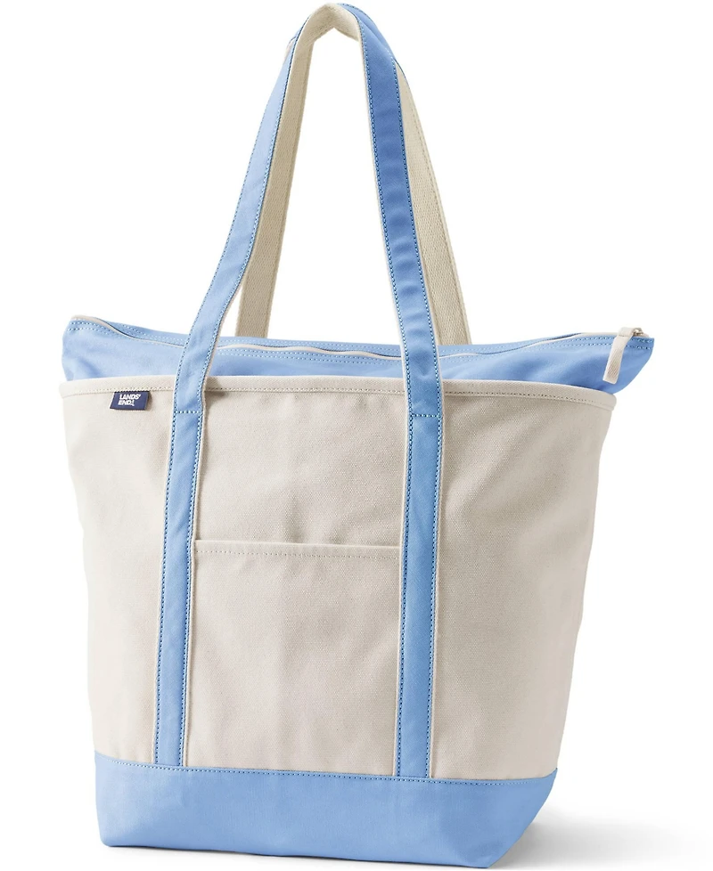Lands' End Large 5 Pocket Zip Top Long Handle Canvas Tote Bag