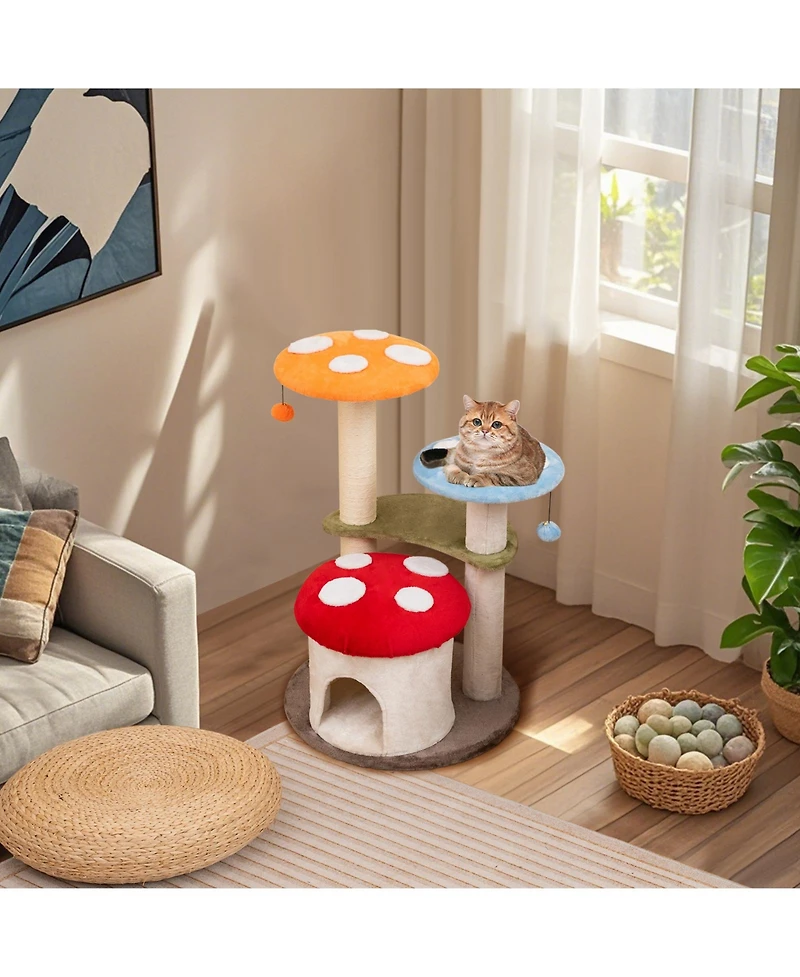 Gymax Cute Mushroom Cat Tree 35'' Tall Cat Tower w/ Sisal Scratching Posts Cat Condo