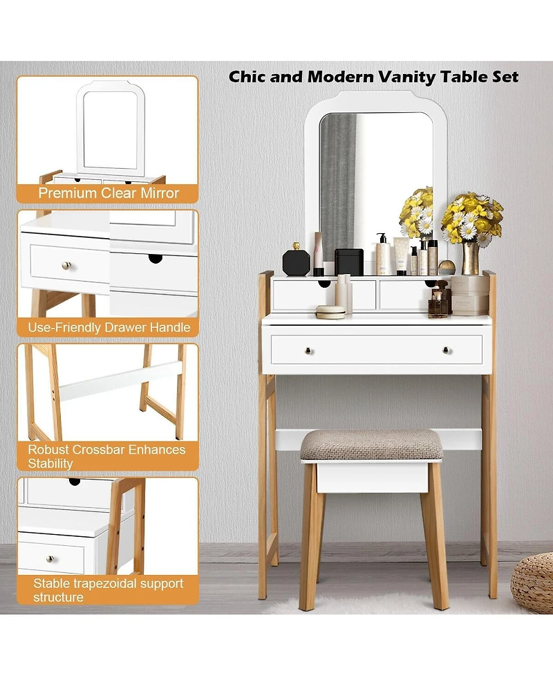 Vanity Table Set with Cushioned Stool and Large Mirror
