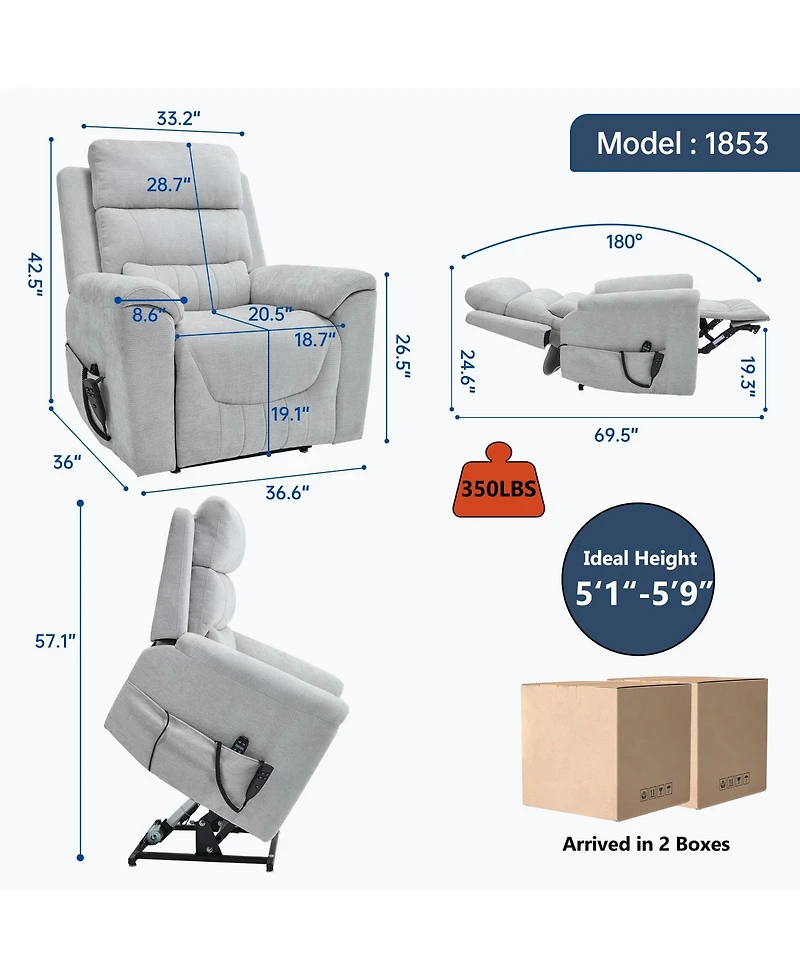 Chenille Dual Motor Infinite Position Up to 350 Lbs Power Lift Recliner Chair with 8-Point Vibration Massage and Lumbar Heating,Blue