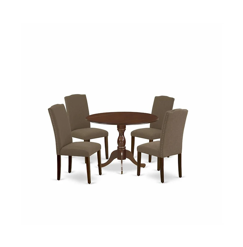 5 Piece Dining Table Set Consists of 1 Drop Leaves Wood Dining Table and 4 Dark Coffee Linen Fabric Upholstered Chair High Back with Nail Heads