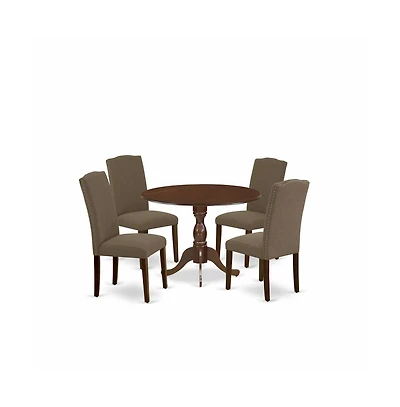 5 Piece Dining Table Set Consists of 1 Drop Leaves Wood Dining Table and 4 Dark Coffee Linen Fabric Upholstered Chair High Back with Nail Heads