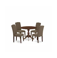 5 Piece Dining Table Set Consists of 1 Drop Leaves Wood Dining Table and 4 Dark Coffee Linen Fabric Upholstered Chair High Back with Nail Heads