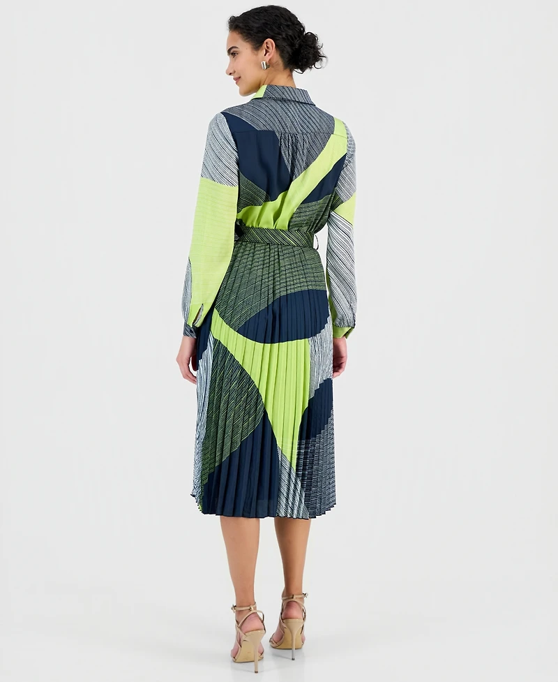 T Tahari Women's Printed Belted Pleated Midi Dress