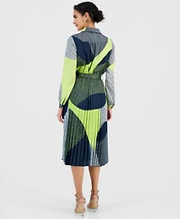 T Tahari Women's Printed Belted Pleated Midi Dress