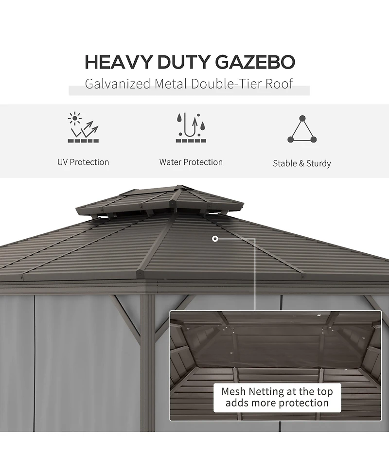 Outsunny 10' x 12' Metal Roof Hardtop Gazebo w/ Curtains & Netting,