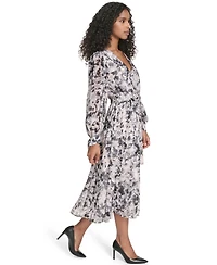 Calvin Klein Women's Printed Tie Sleeve V-Neck Dress