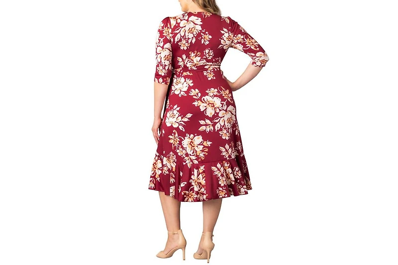 Kiyonna Plus Flirty Flounce Midi Wrap Dress with 3/4 Sleeves