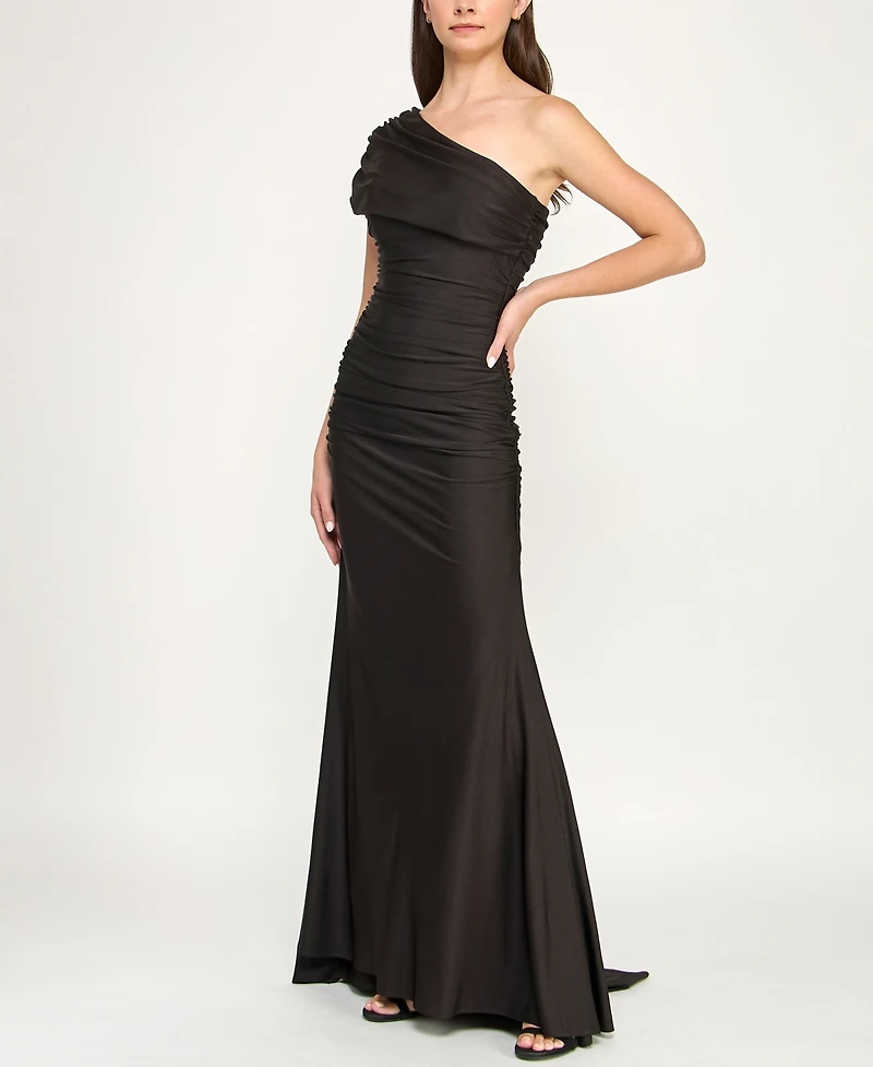 B Darlin Juniors' One-Shoulder Draped Floor-Sweeping Gown