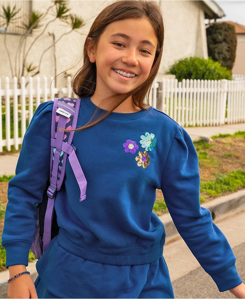 Lands' End Girls Puff Shoulder Crew Neck Sweatshirt
