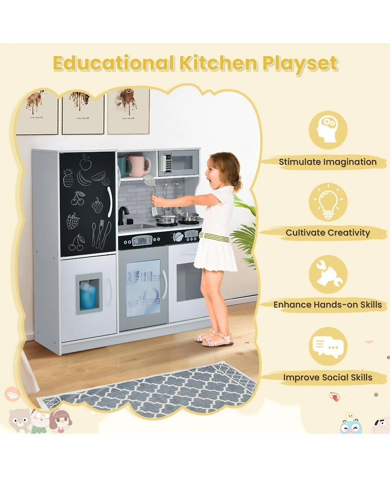 Skonyon Kids Wooden Pretend Play Kitchen with Blackboard & Accessories