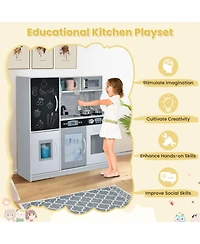 Skonyon Kids Wooden Pretend Play Kitchen with Blackboard & Accessories