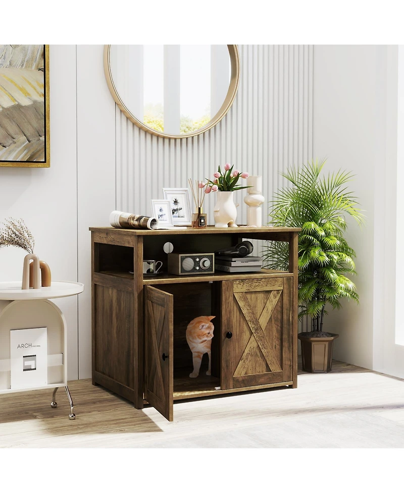 Skonyon Cat Litter Box Enclosure with Double Barn Doors, Divider, Side Entry and Storage Shelf