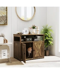 Skonyon Cat Litter Box Enclosure with Double Barn Doors, Divider, Side Entry and Storage Shelf