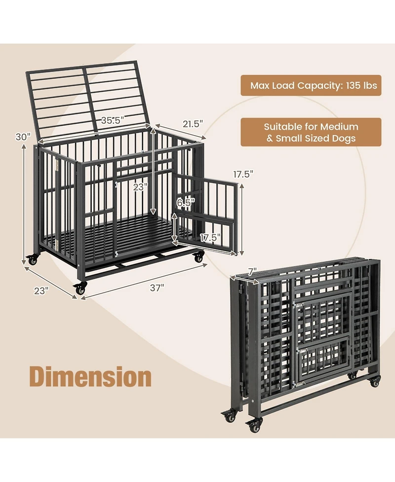 Sugift Foldable Heavy-Duty Metal Dog Cage Chew-proof Dog Crate with Lockable Universal Wheels