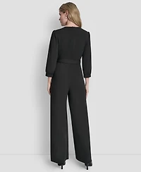 Dkny Women's 3/4 Sleeve Wide Leg Exposed Zipper Jumpsuit