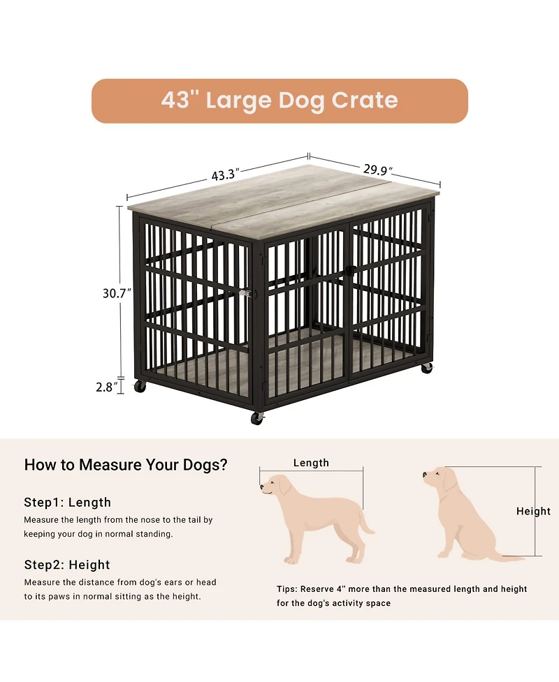Aostirmotor 43.3 in. W x 29.9 in. D x 33.5 in. H dog crate wrought iron frame door with side openings in Gray