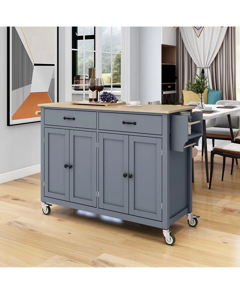 sumyeg 54.3inch Kitchen Island Cart with Solid Wood Top, Locking Wheels, 4-Door Cabinet, Two Drawers, Spice Rack and Towel Rack for Dining Room
