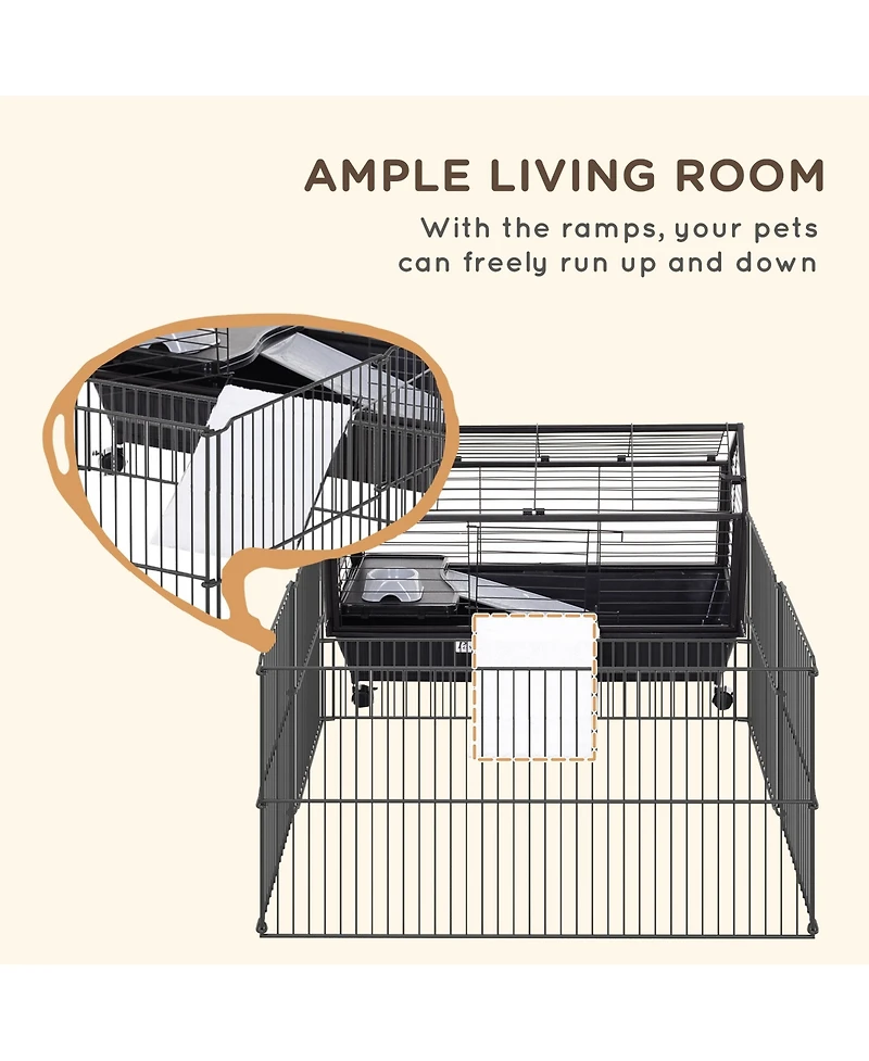 PawHut Small Animal Playpen Cage w/ Rolling Caster, Water Bottle, 35" L