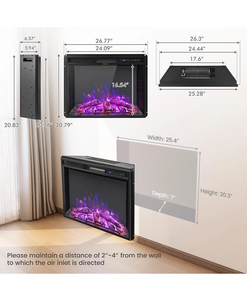 Sugift 26 Inch Recessed Electric Fireplace with Adjustable Flame Brightness