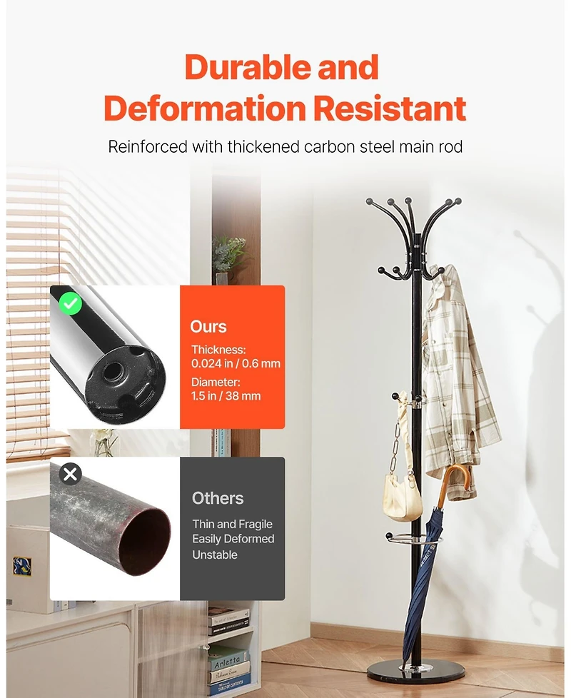 Slickblue Freestanding Coat Rack with Marble Base, Umbrella Holder, and 14 Hooks