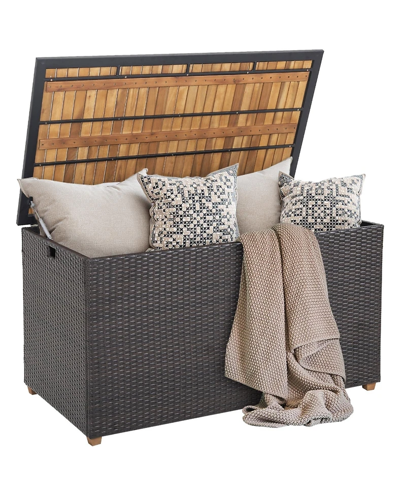 Sugift 134 Gallon Rattan Storage Box With Zippered Liner And Solid Acacia Wood Top.