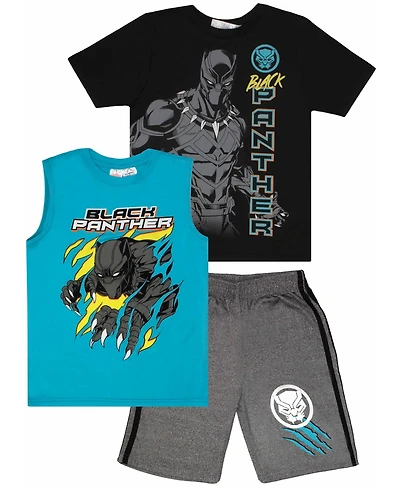 Black Panther Boys Short Sleeve 3 Piece Shirt, Tank Top and Short Set