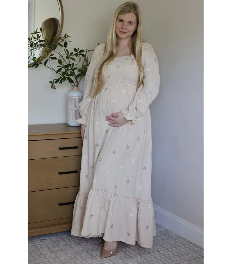 Pinkblush Maternity Grey Taupe Long Sleeve Floral Accent Dress