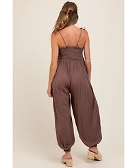 Pinkblush Maternity Mocha Smocked Button Front Shoulder Tie Jumpsuit